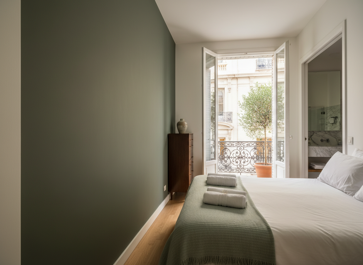 Dormitorio preparado con ropa blanca y toallas de Cleaning Suites